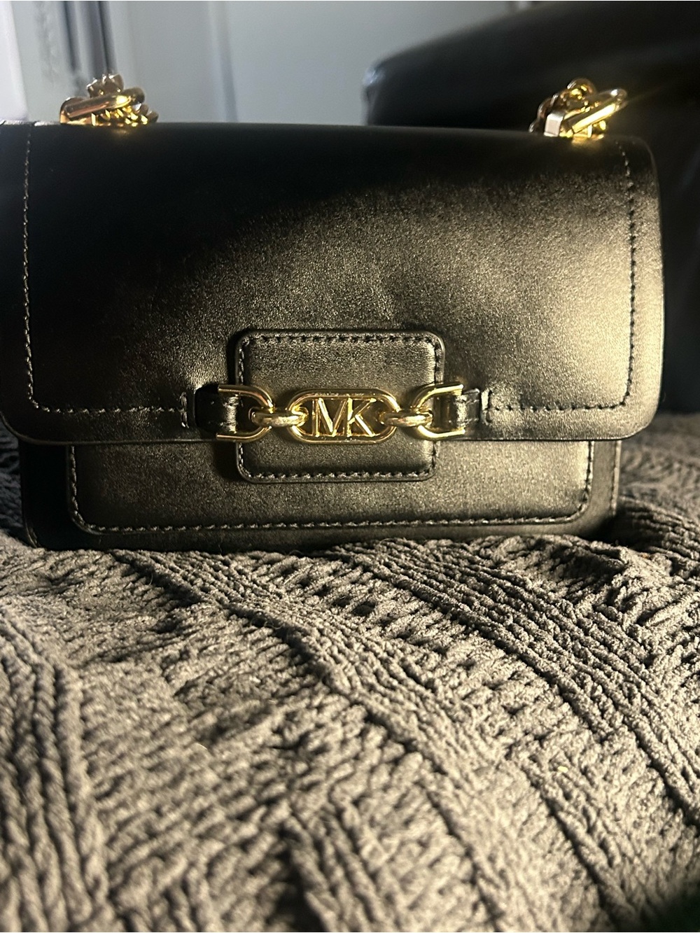 Michael Kors Heather small flap crossbody black leather gold chain strap